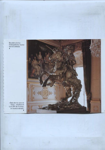 lamina souvenir del palacio Herrenchiemsee: Estatua del rey Luis XIV de Francia y Dormitorio del palacio