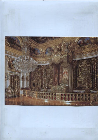 lamina souvenir del palacio Herrenchiemsee: Estatua del rey Luis XIV de Francia y Dormitorio del palacio