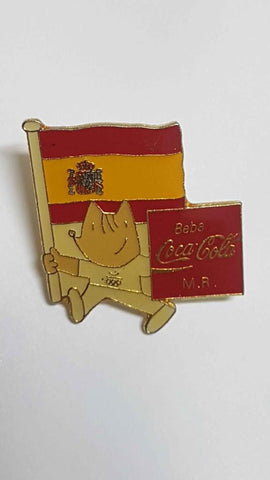 Pins: Cobi llevando llevando la bandera española, Coca Cola. Mascota de las Olimpiadas de Barcelona 1992