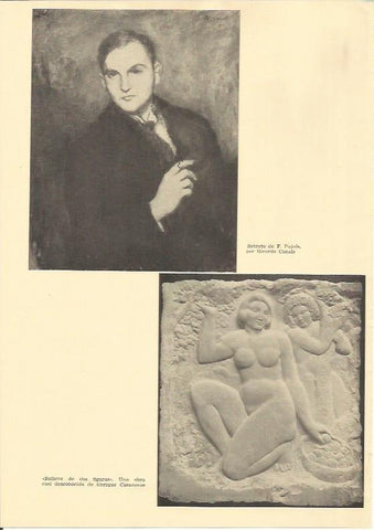 LAMINA 25572: Retrato de F. Pujols, por Canals y Relieve de dos figuras, por Casanovas
