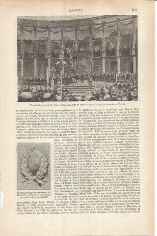 LAMINA ESPASA 37044: Coronacion de Jose Zorrilla en Granada, dibujo de Comba