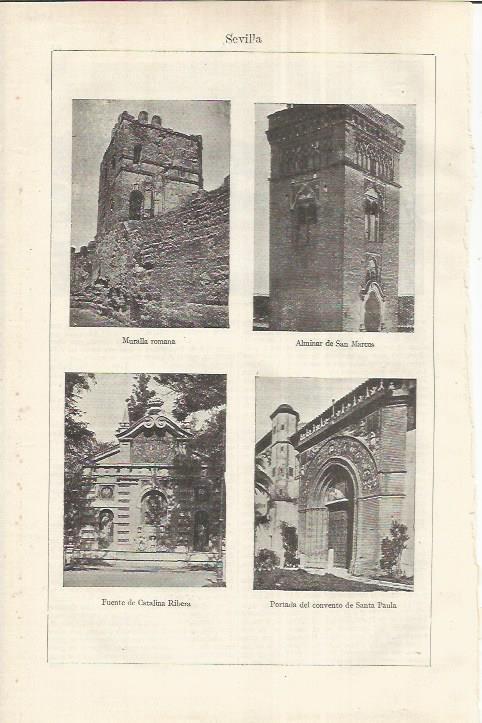 LAMINA ESPASA 37230: Muralla romana, alminar de San Marcos, Fuente de Catalina Ribera y convento de Santa Paula en Sevilla