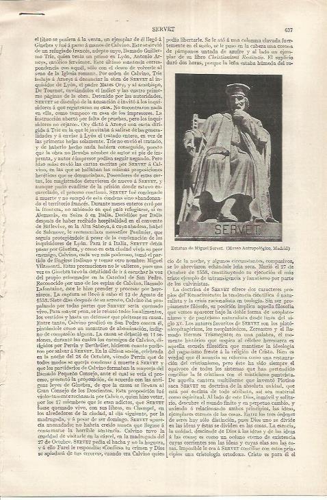 LAMINA ESPASA 37207: Estatua de Miguel Servet en el Museo Arqueologico de Madrid