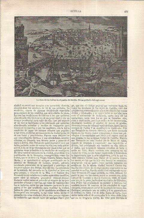LAMINA ESPASA 37258: La flota de las Indias en el puerto de Sevilla, grabado del siglo XVIII