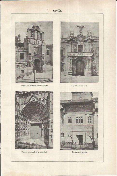 LAMINA ESPASA 37237: Fabrica de Tabacos, catedral y entrada del Alcazar en Sevilla