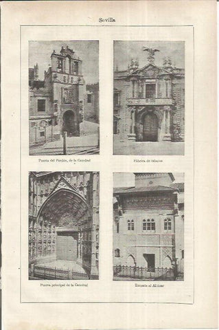 LAMINA ESPASA 37237: Fabrica de Tabacos, catedral y entrada del Alcazar en Sevilla