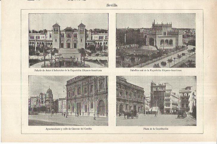 LAMINA ESPASA 37236: Palacios de la Exposicion, Ayuntamiento y Plaza de la Constitucion en Sevilla