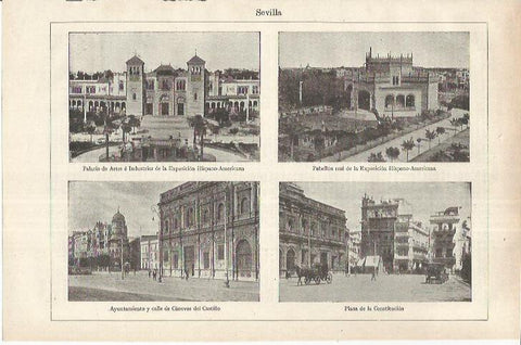LAMINA ESPASA 37236: Palacios de la Exposicion, Ayuntamiento y Plaza de la Constitucion en Sevilla