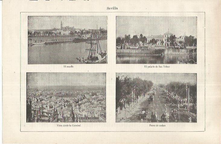LAMINA ESPASA 37235: Muelle, Paseo de Coches y Palacio de San Telmo en Sevilla