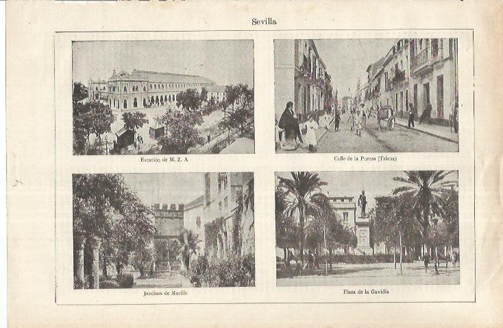 LAMINA ESPASA 37234: Calle de la Pureza, Estacion, Jardines de Murillo y Plaza de la Gavidia en Sevilla