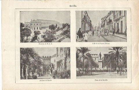 LAMINA ESPASA 37234: Calle de la Pureza, Estacion, Jardines de Murillo y Plaza de la Gavidia en Sevilla