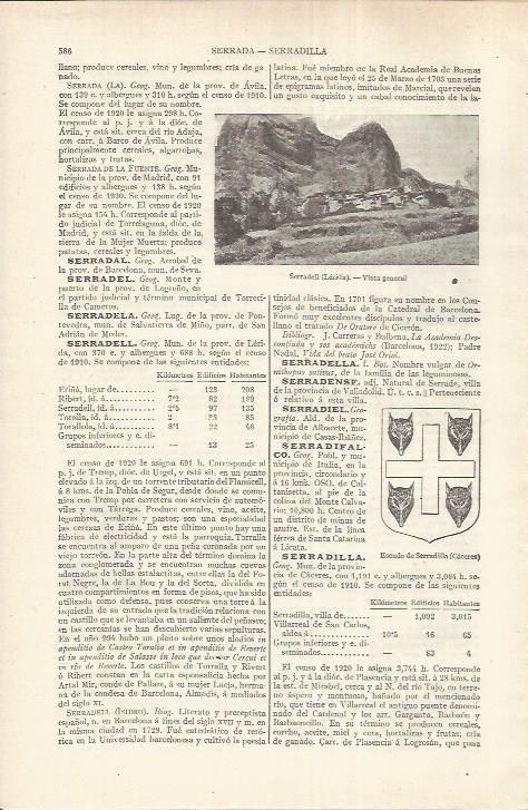 LAMINA ESPASA 37197: Vista de Serradell, Lleida y escudo de Serradilla, Caceres