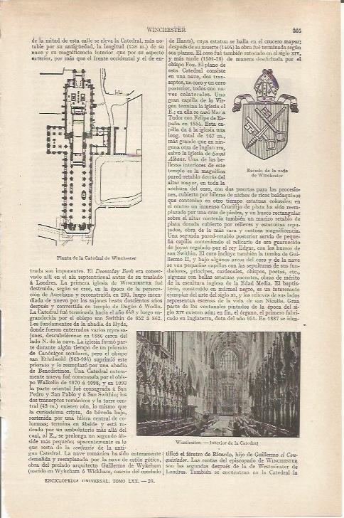 LAMINA ESPASA 36809: Interido de la catedral de Winchester y escudo de su sede