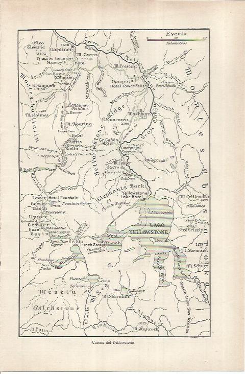 LAMINA ESPASA 36885: Mapa de la cuenca del Yellowstone, Estados Unidos