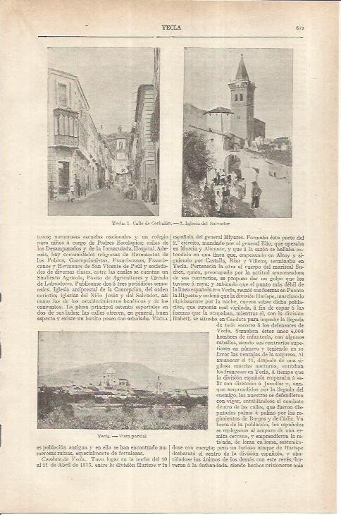 LAMINA ESPASA 36882: Calle de Corbalan, iglesia del Salvador y vista de Yecla, Murcia