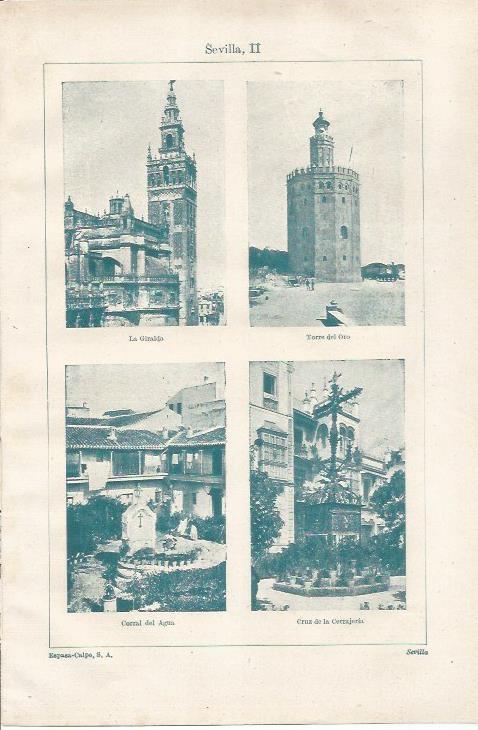 LAMINA ESPASA 37264: Giralda, Torre del Oro, Corral del Agua y Cruz Cerrajeria en Sevilla