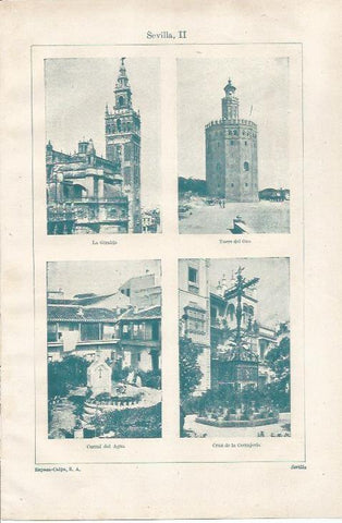 LAMINA ESPASA 37264: Giralda, Torre del Oro, Corral del Agua y Cruz Cerrajeria en Sevilla