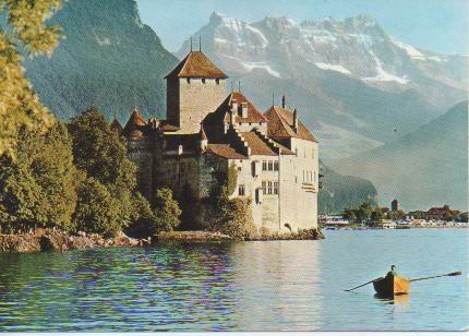 Postal E02267: El castillo de Chillon y les Dents du Midi, Suiza