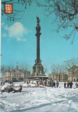Postal E01659: Nevada. Monumento a Colón, Barcelona 