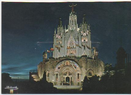 Postal E01504: Vista nocturna de la Basilica del Tibidabo,Barcelona