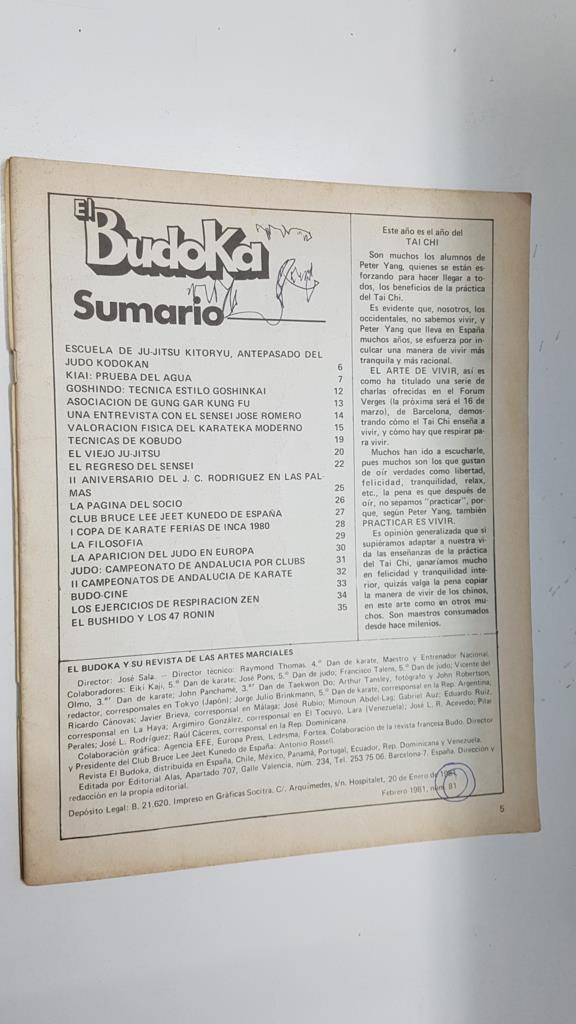 Revista: El Budoka num 81, febrero 1981. Revista Artes Marciales. FALTA CUBIERTA Y LAS PRIMERAS 4 PAGINAS - I Copa de karate ferias de Inca 1980