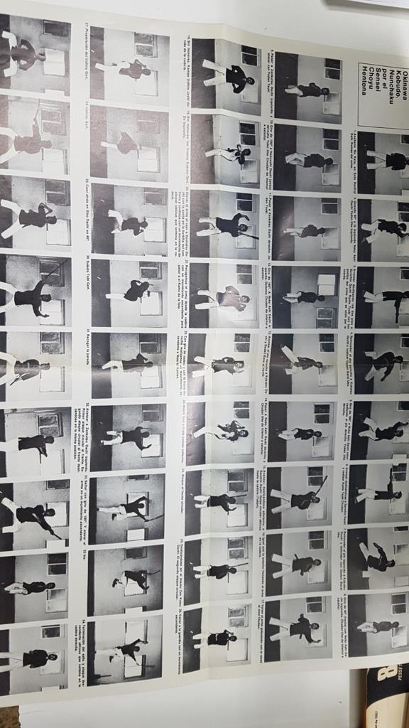 Poster: dibujo de Bruce Lee usando un nunchaku, proviene de revista Budo (desconocemos el numero), por V. Arnas