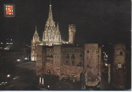 Postal E04333: Vista nocturna de La Catedral y Barrio Gótico,Barcelona