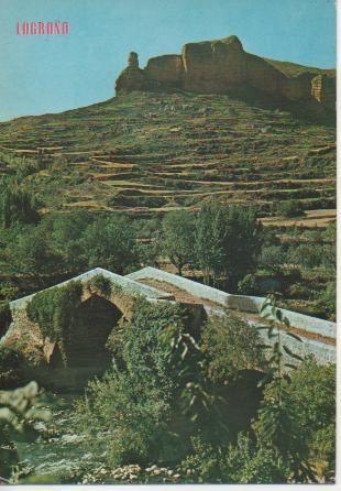 Postal E04242: Puente Romano. Al fondo, el castillo. Viguera, Logroño