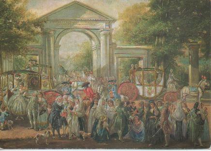 Postal E02535: Fiesta en el Jardín Botanico, Luis Paret