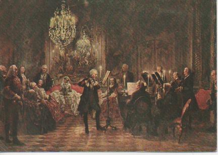 Postal E02534: Das Flötenkonzert, Adolph von Menzel, Schloss Charlottenburg, Berlin