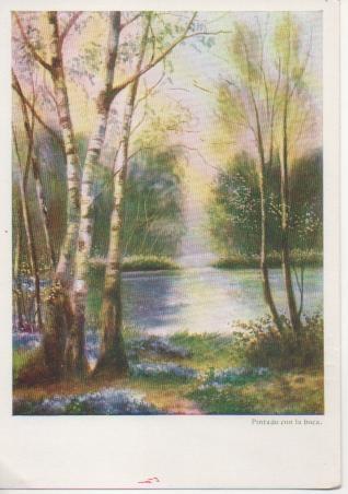 Postal E02750: Lago en el Bosque, Pintado con la boca por R. Hext