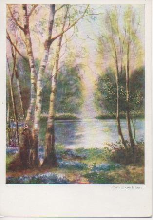 Postal E02749: Lago en el Bosque, Pintado con la boca por R.Hext