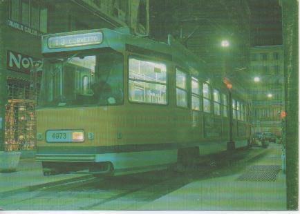 Postal E02778: Serie: Tramvie Milanesi. La motrice 4973 della linea 13 pronta per la partenza, dal di via Dogana pressoi il Duomo