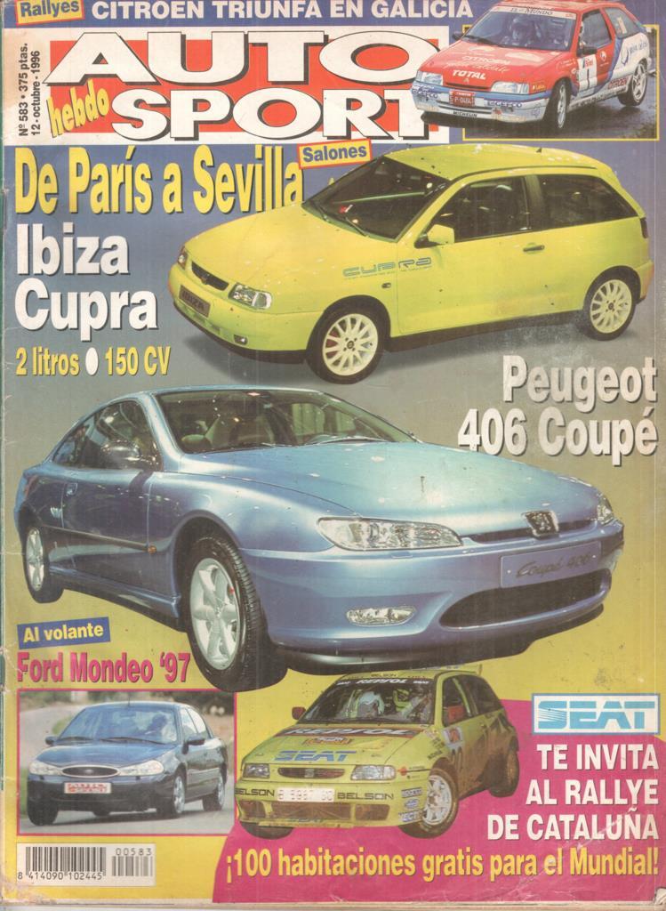 Revista: Auto hebdo Sport num 538 (12 octubre de 1996) - Citroen triumfa en Galicia / De Paris a Sevilla Ibiza cupra 2 litros 150 CV / Peugeot 406 Coupe