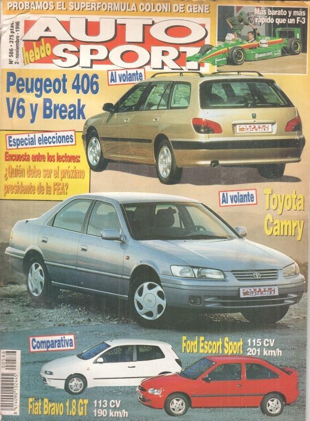 Revista: Auto hebdo Sport num 586 (02 de noviembre de 1996) - Peugeot 406 V6 y Break / Encuesta entre los lectores: ¿Quien debe ser el proximo presidente de la FEA? / Toyota Camry / Ford Escort sport 115CV 201 Km/h / Fiat Bravo 1.8GT