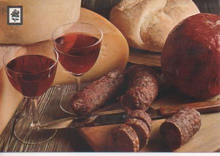 Postal E05563: Bodegón de Queso, embutido y vino