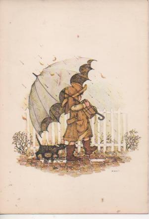 Postal E05594: Dibujo Holly Hobbies niño y gato, bajo la lluvia