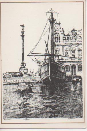 Postal E04921: Dibujo puerto de Barcelona
