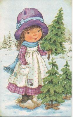 Navid E04847: Postal dibujo niña con arboles navideños