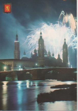Postal E06352: Templo del Pilar y fuegos artificiales. Zaragoza