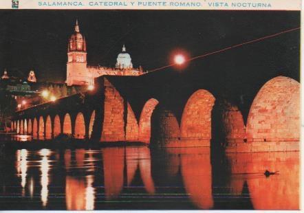 Postal E06129: Catedral y Puente Romano, vista nocturna. Salamanca