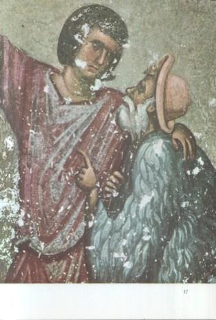 Lamina frescos yugoeslavos medievales numerada 10: Los pastores reciben la buena nueva del nacimiento Jesus