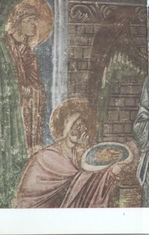 Lamina frescos yugoeslavos medievales numerada 16: Abraham y Sara obsequian a los angeles