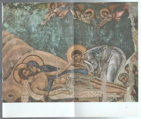 Lamina frescos yugoeslavos medievales numerada 32: La Virgen y San Juan ante el cuerpo de Cristo