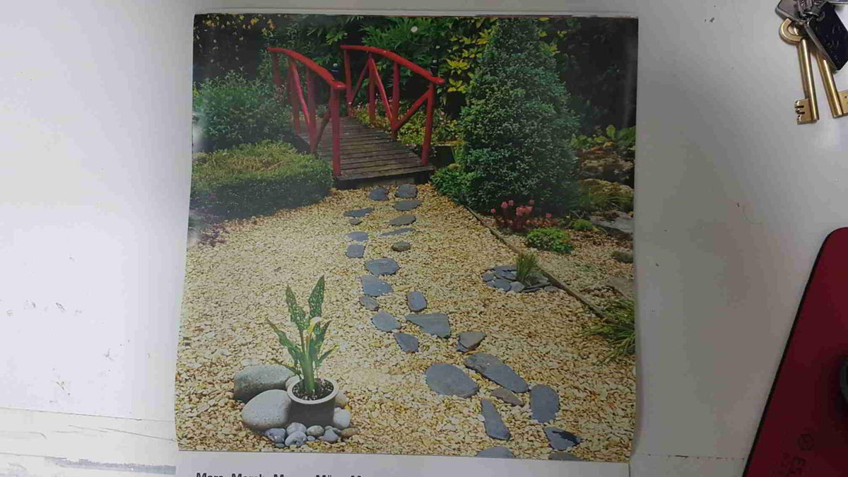 Calendario / Kalender / Calendrier / Calendar: 2011 : Jardins Zen (Jardin Zen) - lamina 03, Stepping stones in gravel leading to bridge in a japanese garden