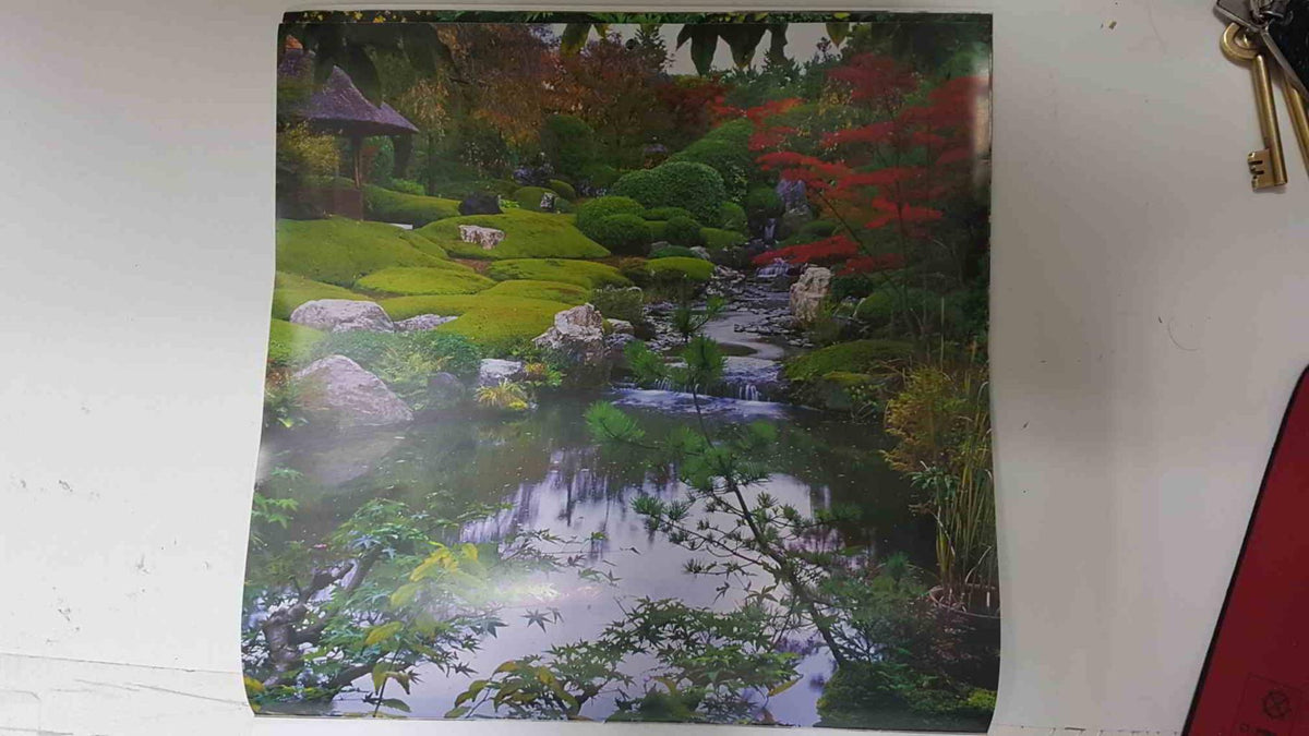 Calendario / Kalender / Calendrier / Calendar: 2011 : Jardins Zen (Jardin Zen) - lamina 04, Acer and cloud pruned topiary beside stream, Taizo-in Temple