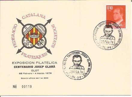 TARJETA FILATELICA 0080: Exposicion Filatelica. Centenario Josep Clara. Olot. Numero de serie: 00119