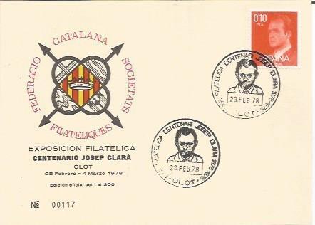 TARJETA FILATELICA 0079: Exposicion Filatelica. Centenario Josep Clara. Olot. Numero de serie: 00117