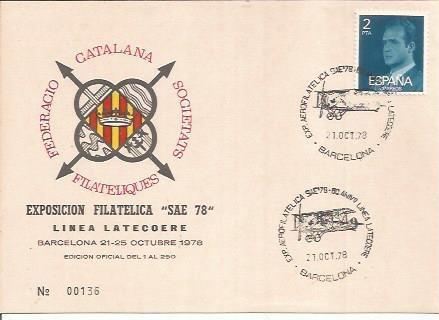 TARJETA FILATELICA 0069: Exposicion Filatelica SAE 78. Linea Latecoere. Numero de serie: 00136