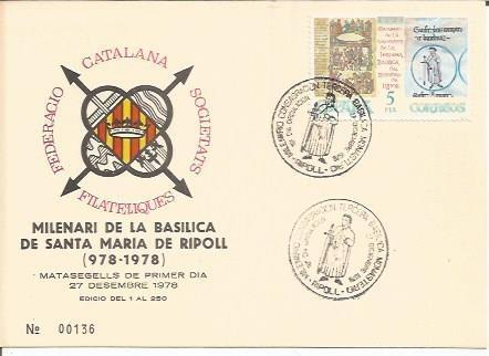 TARJETA FILATELICA 0100: Milenari de la Basilica de Santa Maria de Ripoll. Numero de serie: 00136